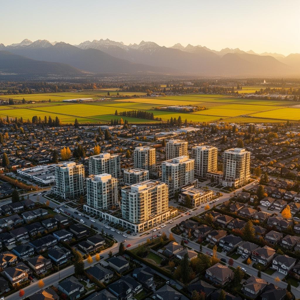 Aerial view of Fraser Valley with new condo developments, farmland, and mountains