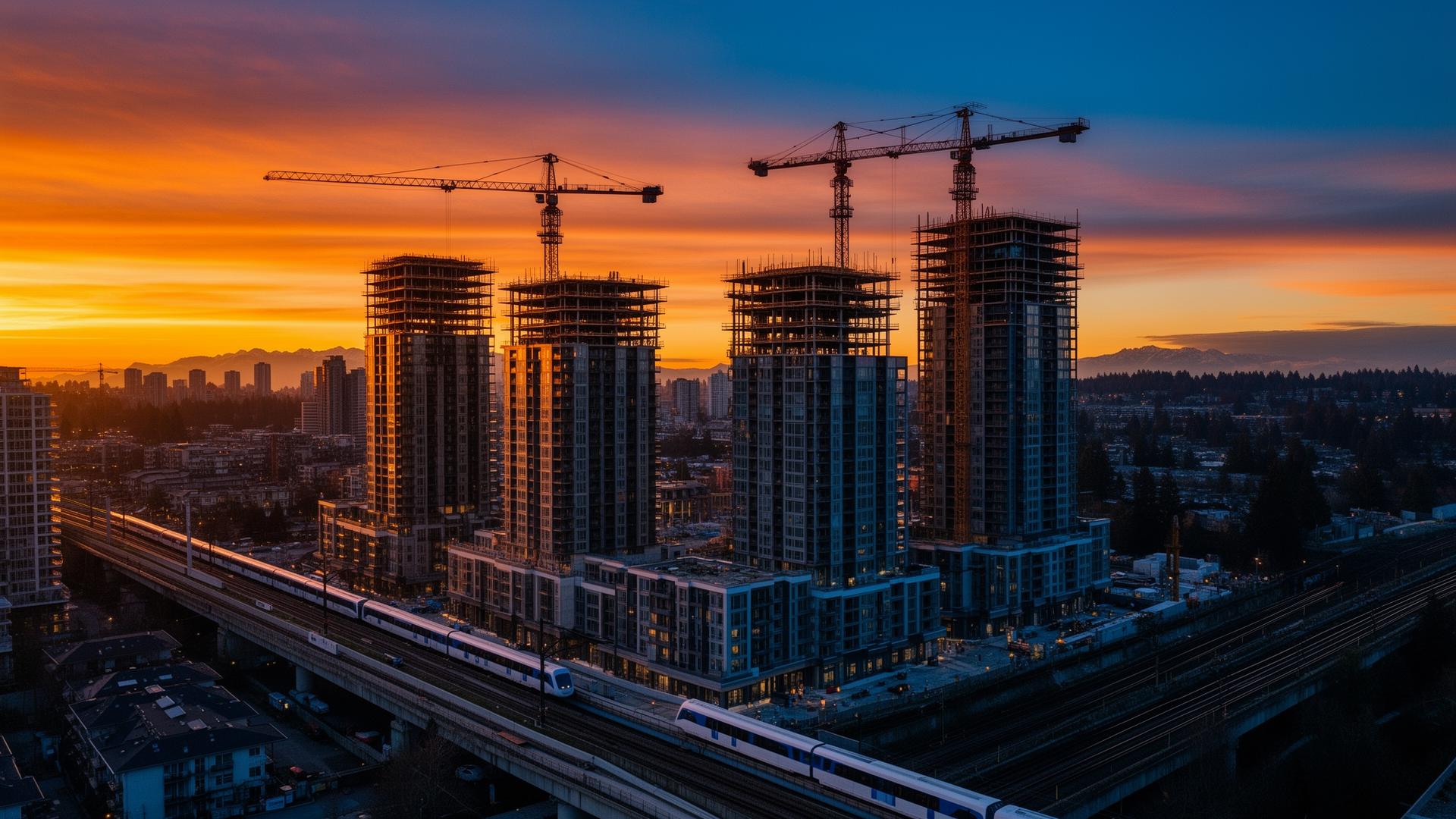 Presale condo towers under construction in Surrey BC at golden hour with SkyTrain tracks
