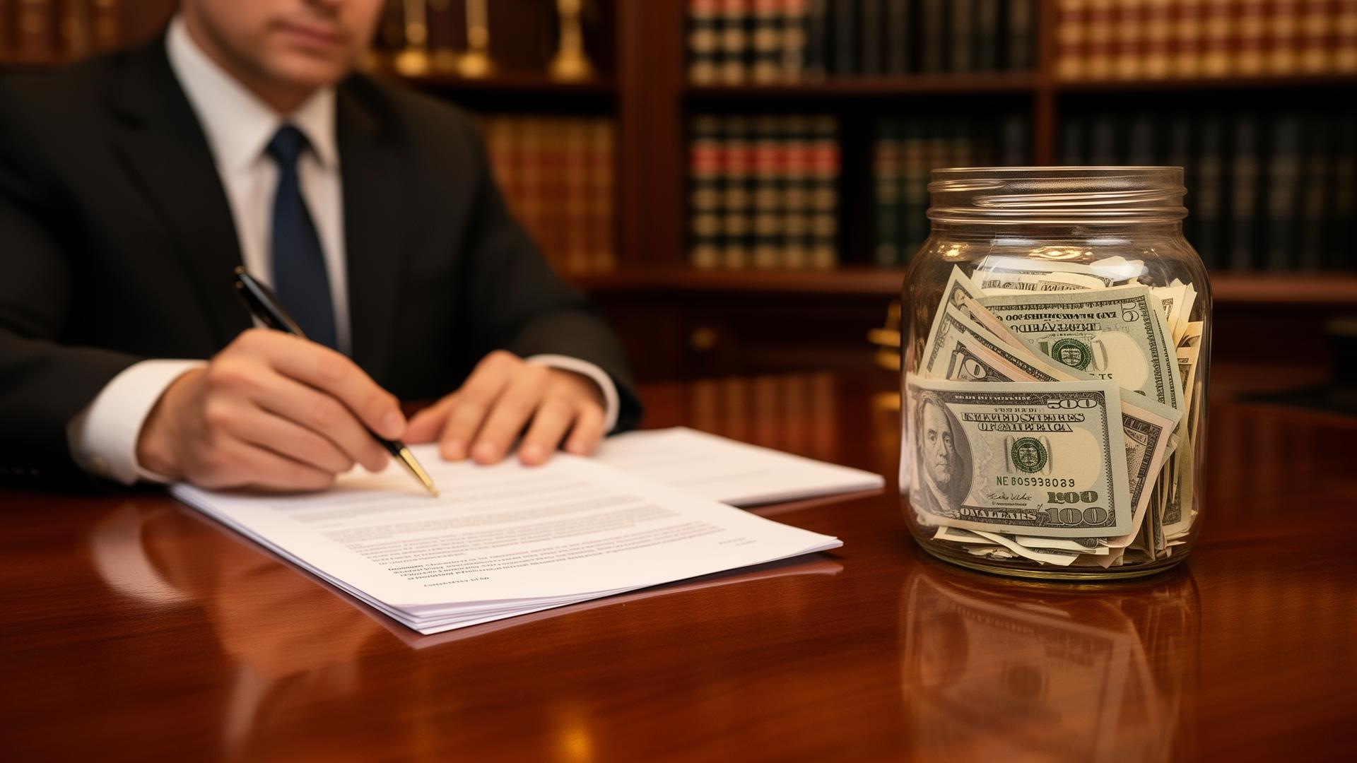 Real estate lawyer reviewing a presale contract with a glass jar of cash representing a protected trust account