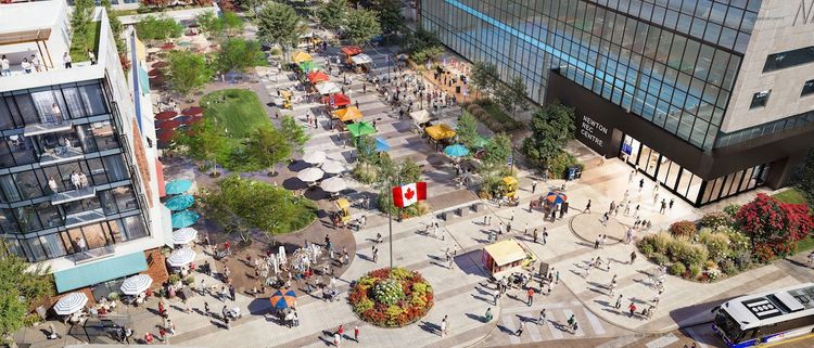 Festival street concept with outdoor seating, green spaces, and Newton Rec Centre