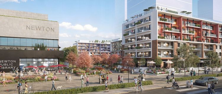 Rendering of Newton Public Library with mid-density residential buildings