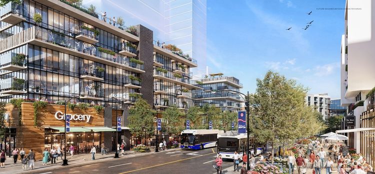 Rendering of Newton Centre street with modern buildings and retail