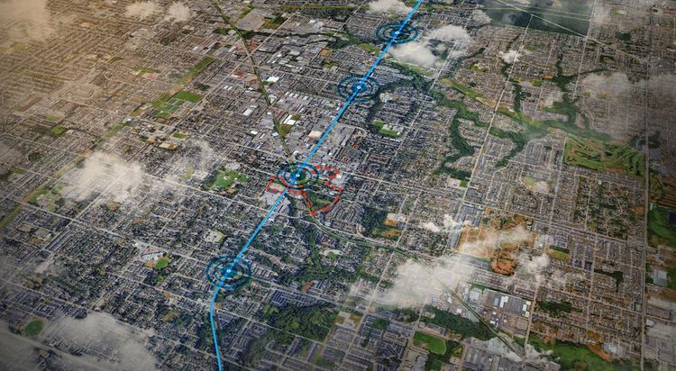 Aerial view of Newton with transit routes and development areas highlighted