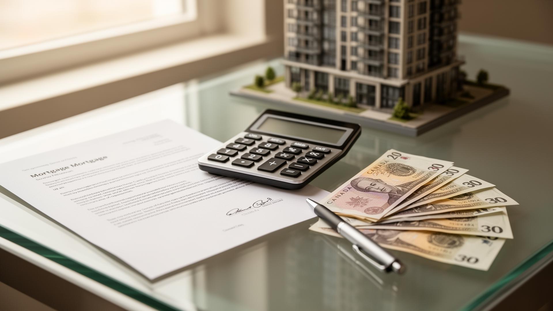 Mortgage document, calculator, Canadian cash and condo building model on a glass desk