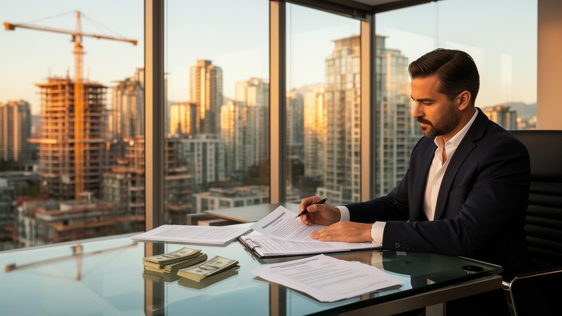Real estate investor reviewing a presale assignment contract with Vancouver condos under construction in the background