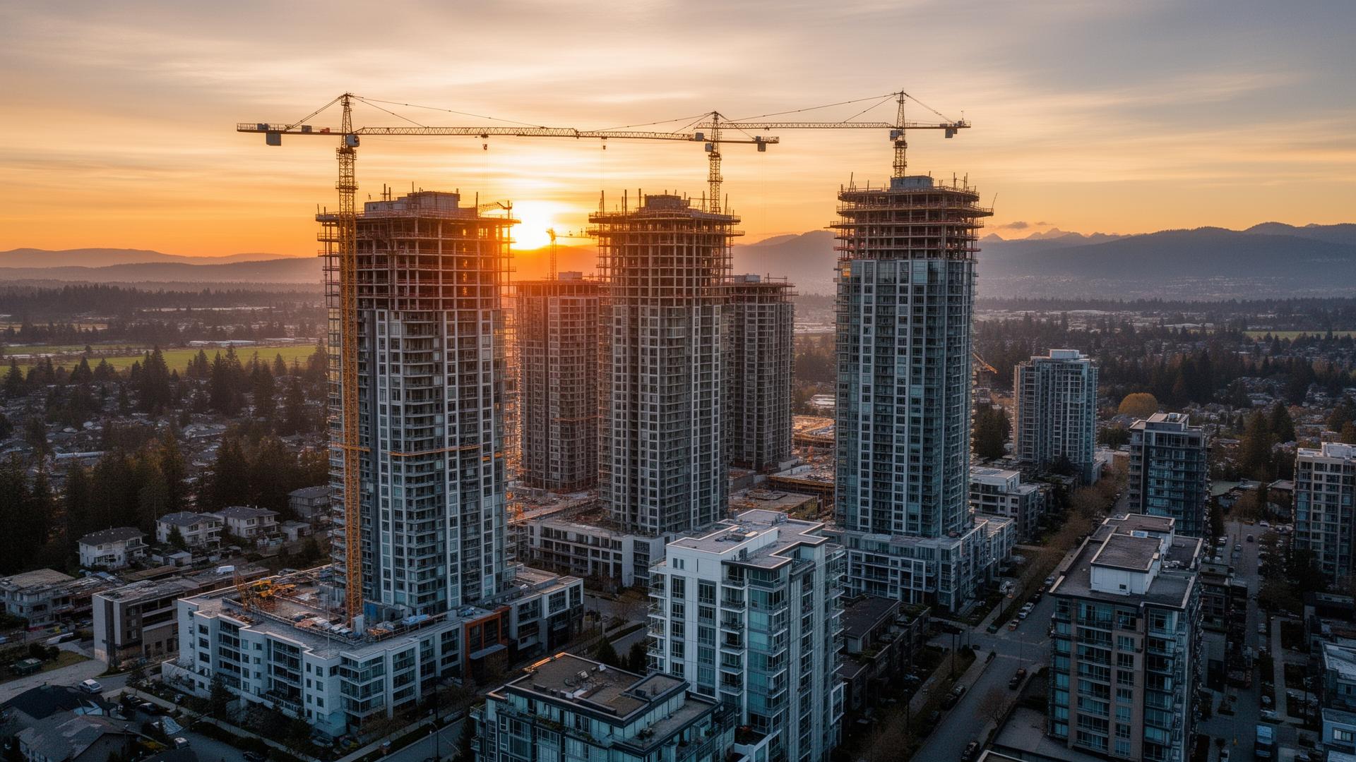 Surrey BC presale condo towers under construction at sunset with cranes visible against golden sky